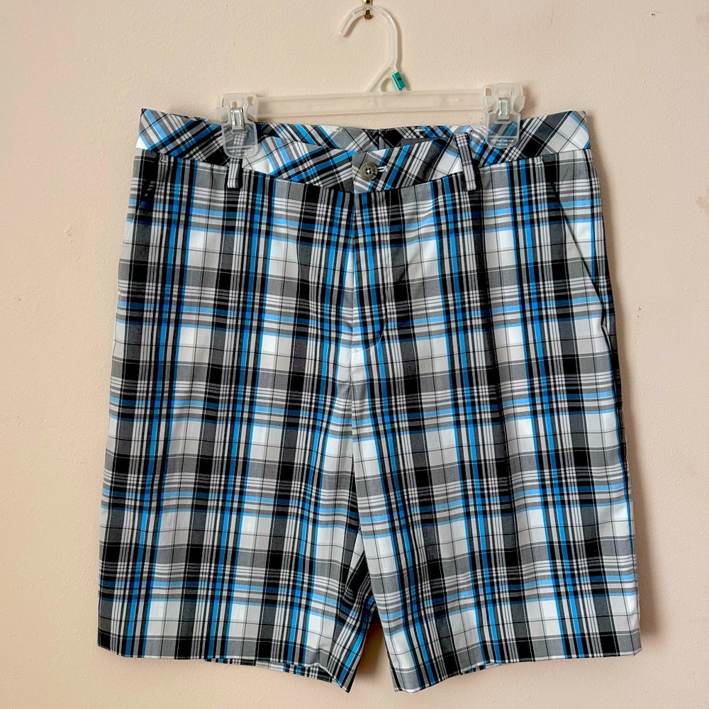 Ashworth White, Blue and Grey Plaid Khaki Shorts.